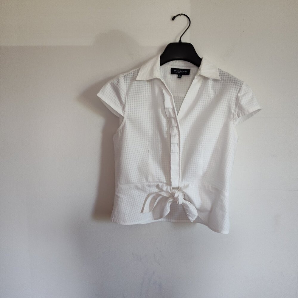 Jones New York White Short-Sleeve Tie-Front Collared Blouse